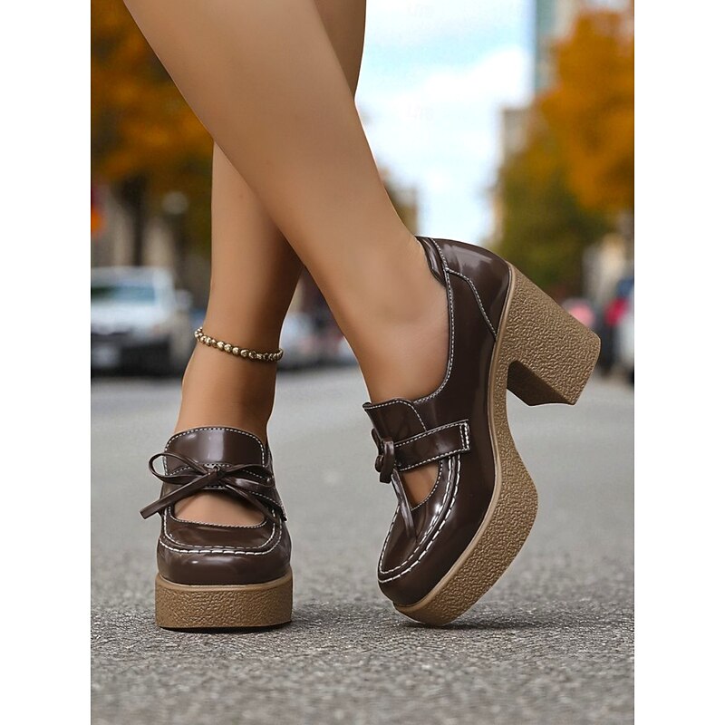 Women's Brown Patent Faux Leather Platform Loafers - Retro 1980s Chunky Heel Bow Slip-On Shoes for School, Fall Outfits & Daily Wear3