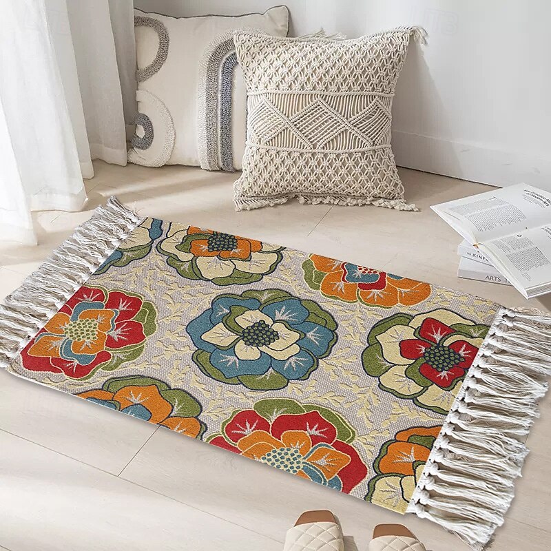 Vintage Persian Rug For Bedroom Ethnic Style Hand Woven Low Polyester Cotton Blend Floor Mat Bedside Carpet Sofa Cushion Decorative Durable Easy Care Stain Resistant Washable4