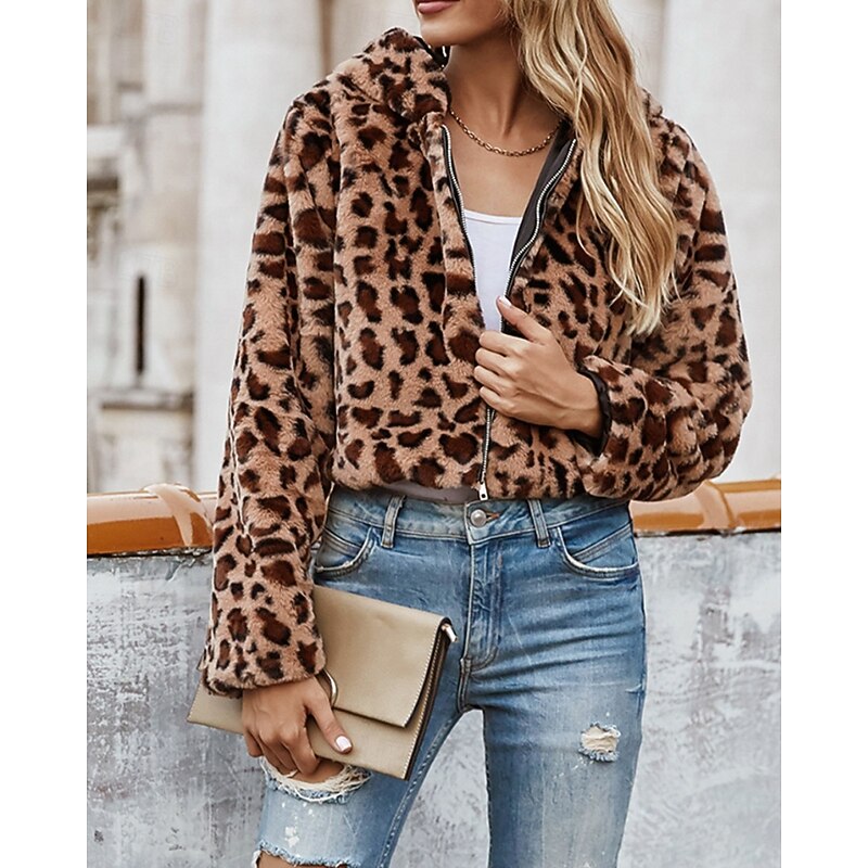 Women's Jacket Faux Fur Coat Hoodie Jacket Warm Comfortable Zipper Furs & Leathers Casual Leopard Vacation Street Daily Going out Short Hooded Regular Fit Long Sleeve Outerwear Yellow Pink Green Fall2