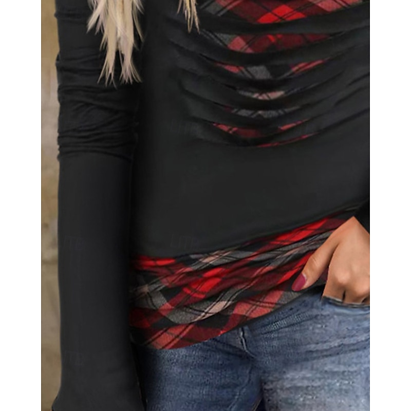 Women's Shirt Blouse Plaid Stylish Basic Casual Long Sleeve V Neck Regular Tops Daily Holiday Print Black Spring Fall3