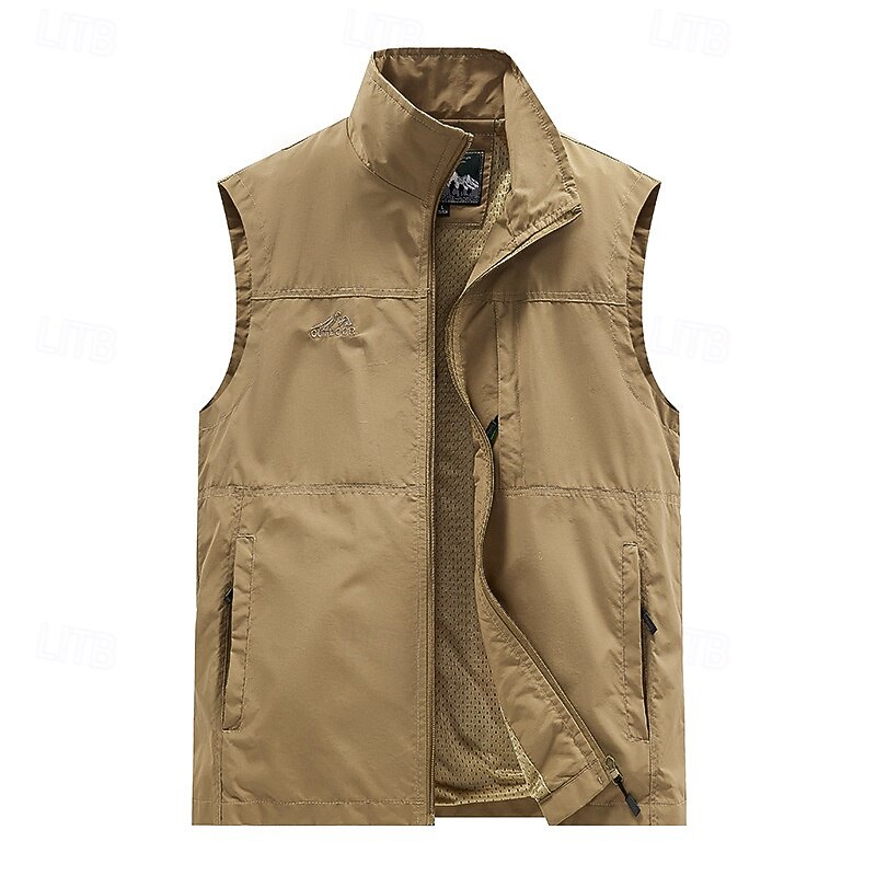 Men's Outdoor Vest Vest Fishing Vest Outdoor Daily Fashion Casual Spring Fall Pocket Polyester Comfortable Plain Zipper Stand Collar Regular Fit Black Khaki Army Green Dark Blue Vest