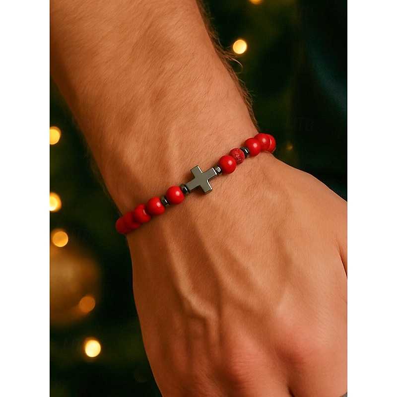 Men's Natural Stone Beaded Bracelet with Cross Charm, Adjustable Stretch Wristband, Spiritual Jewelry for Christmas Gift, Parties and Daily Wear