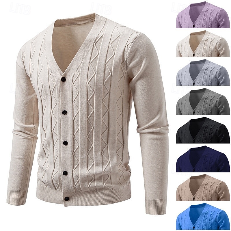 Men's Sweater Cardigan Sweater Ribbed Cable Knit Regular Tops Knitted Geometric V Neck Elegant Vacation Casual Daily Wear Clothing Apparel Spring &  Fall Black Navy Blue L XL 2XL