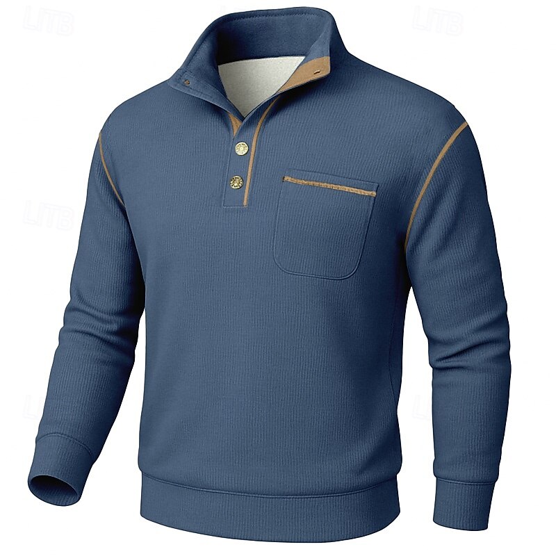 Men's Sweatshirt Corduroy Fleece Sweatshirt Pullover Button Up Hoodie Black Army Green Navy Blue Blue Khaki Standing Collar Plain Patchwork Color Block Textured Sports & Outdoor Casual Daily3