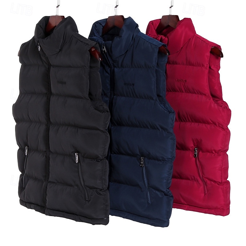 Men's Puffer Vest Vest Gilet Vacation Daily Date Fashion Casual Fall Winter Pocket Polyester Warm Comfortable Solid Color Zipper Stand Collar Regular Fit Black Red Dark Blue Vest