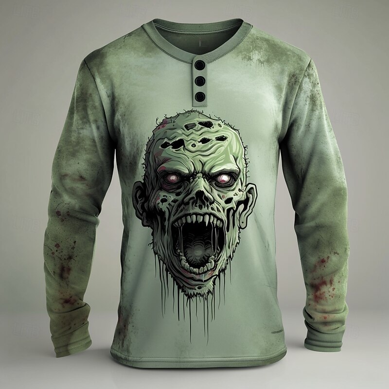 Men's Zombies Henley Shirt Long Sleeve Fashion Cute Daily Casual Holiday Going out Fall Spring &  Fall Green Henley Henley T-Shirt