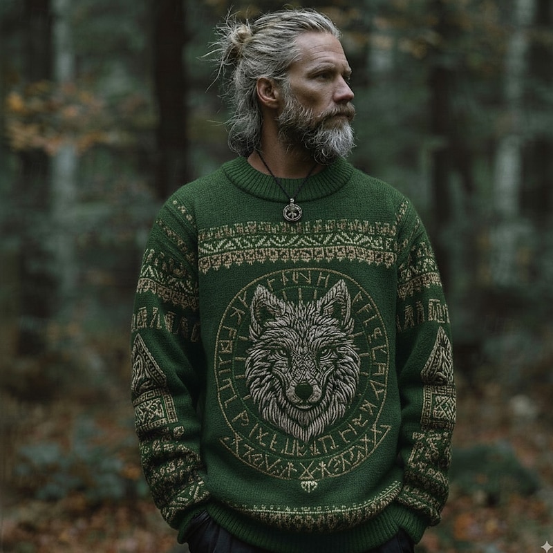 Men's Wolf Animal Patterned Viking Pullover Sweater Jumper Knitwear Crewneck Retro Vintage Casual Vacation Street Daily 3D Print Knitting Keep Warm Long Sleeve Spring Fall Winter Black Blue Green3
