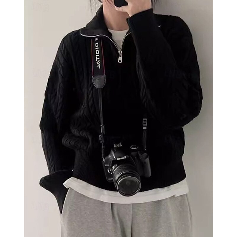 Women's Sweater Casual Soft Solid Color Ribbed Half Zip Knitted Long Sleeve Regular Tops Knit Outdoor Daily Weekend Black Fall Winter3