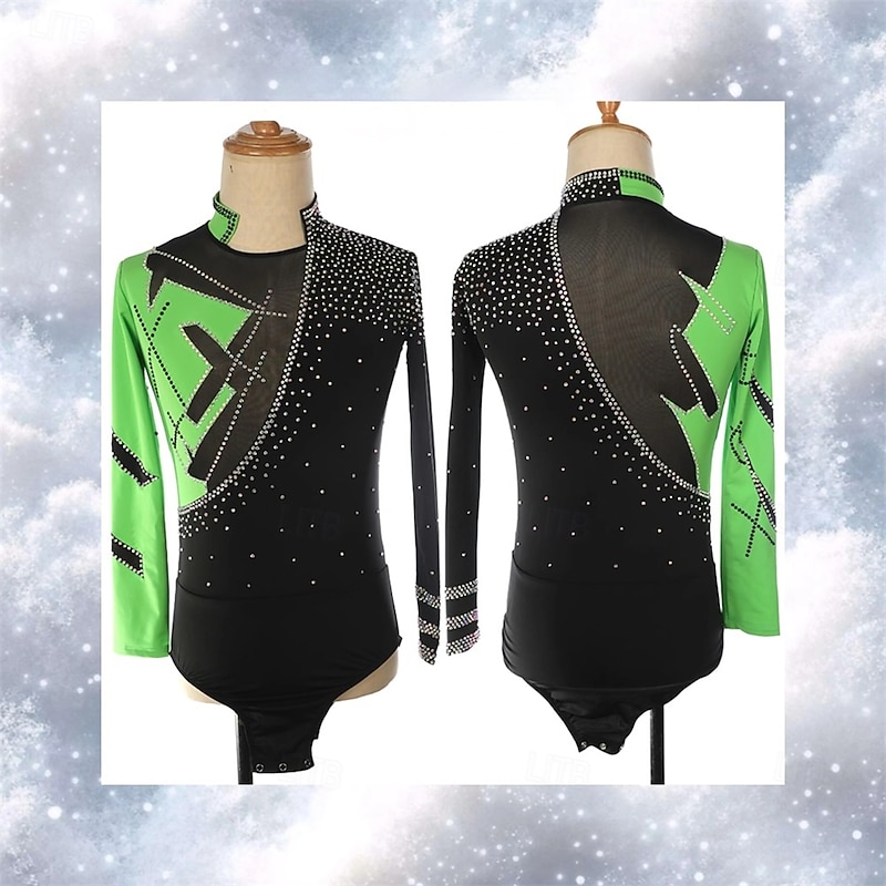 Figure Skating Top Men's Boys' Ice Skating Tops Black Green Patchwork Spandex High Elasticity Training Competition Skating Wear Classic Crystal / Rhinestone Long Sleeve Ice Skating Figure Skating2
