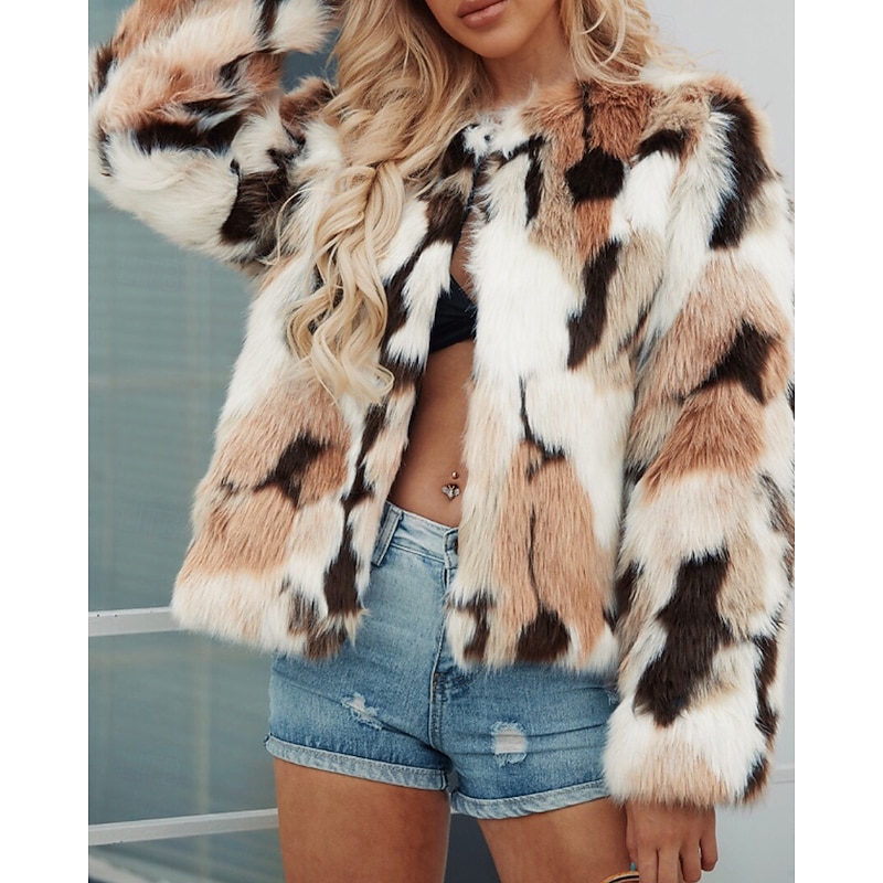 Women's Faux Fur Coat Warm Comfortable Furs & Leathers Casual Tie Dye Vacation Street Casual Daily Wear Short Crewneck Regular Fit Long Sleeve Outerwear Khaki Fall Winter2