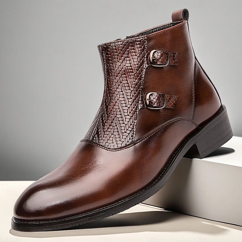 Men's Brown Double-Buckle Ankle Boots with Textured Detailing, Perfect for Casual and Semi-Formal Outfits, Stylish and Comfortable for Everyday Wear