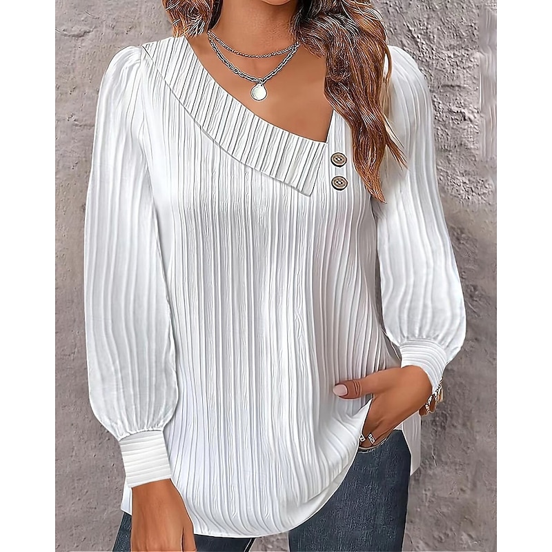 Women's Shirt Blouse Plain Stylish Long Sleeve Asymmetrical Regular Tops Holiday Going out Buttons Black White Spring Fall