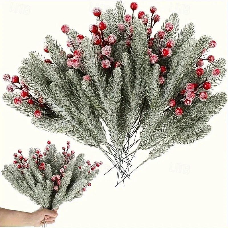 12pcs Christmas Winter White Artificial Holly and Cedar Branches with Snow-Flocked Pine Leaves, Perfect for DIY Wreaths, Christmas Tree, Holiday Home and Outdoor Decorations2
