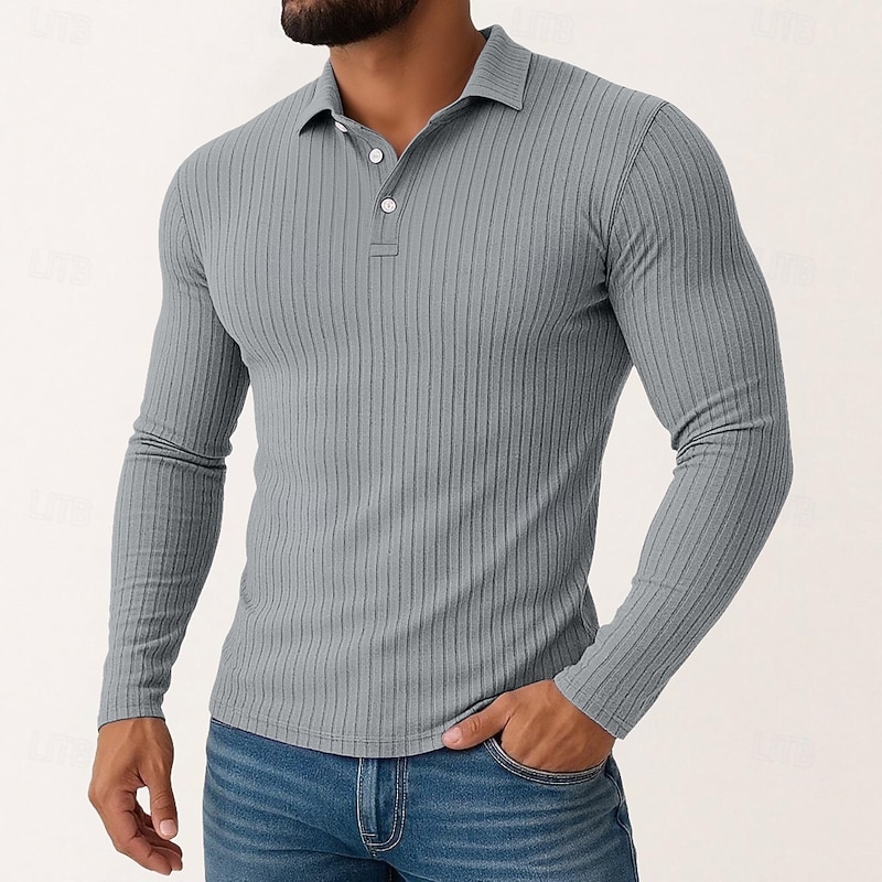 Men's Polo Shirts Rib Knit Top Vacation Street Classic Long Sleeve Fashion Basic Plain Knitting Spring Fall Winter Slim Fit Black White Khaki Gray Polo Shirts3