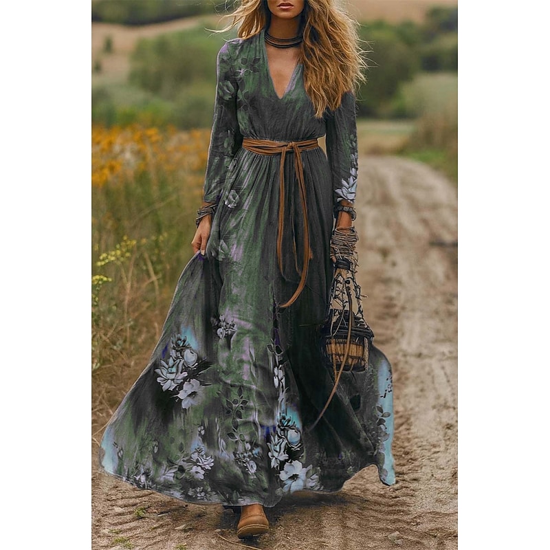 Women's Maxi Dress A Line Dress Pleated Dress Fit And Flare Dress Boho Date Going out Regular Fit Floral Graphic Tribal Long Sleeve V Neck Purple Green Spring Fall Winter Autumn2
