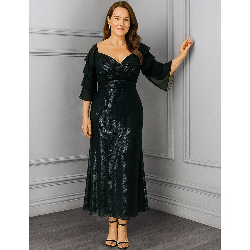 Sheath / Column Mother of the Bride Dress Plus Size Sparkle & Shine Sweetheart Ankle Length Sequined Polyester 3/4 Length Sleeve with Sequin3