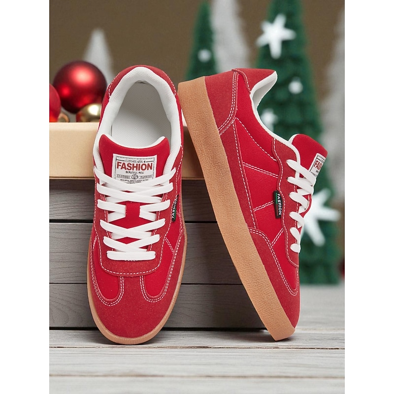 Women's Red Canvas Sneakers – Casual Lace-Up Flat Shoes for Walking, Travel, Christmas and Daily Wear2