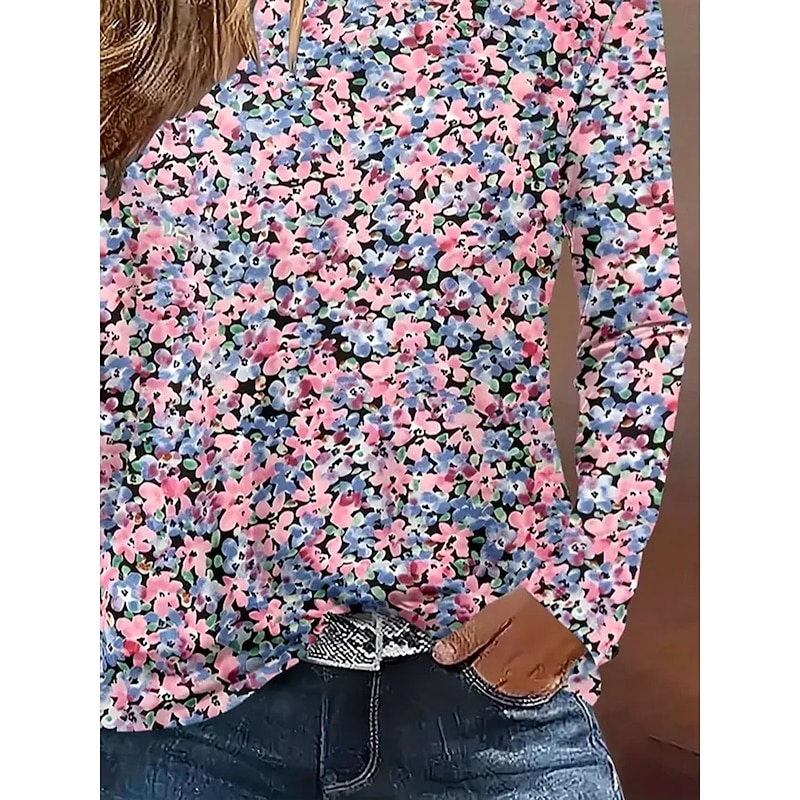 Women's T Shirt Ombre Floral Graphic Vintage Stylish Classic Long Sleeve Crew Neck Round Neck Regular Tops Daily Print Pink Blue Spring Fall Winter3