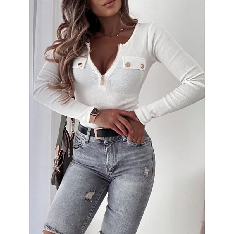 Women's Blouse Solid Color Stylish Casual Long Sleeve Crew Neck Regular Tops Daily Zipper Buttons Black White Blue Green Spring Fall Winter2
