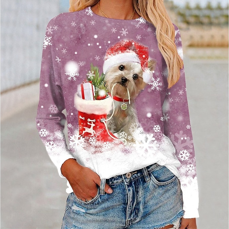 Christmas Women's T Shirt Graphic Dog Christmas Vintage Fashion Stylish Long Sleeve Crew Neck Round Neck Regular Tops Daily Weekend Print Blue Purple Fuchsia Green Khaki Fall Winter4
