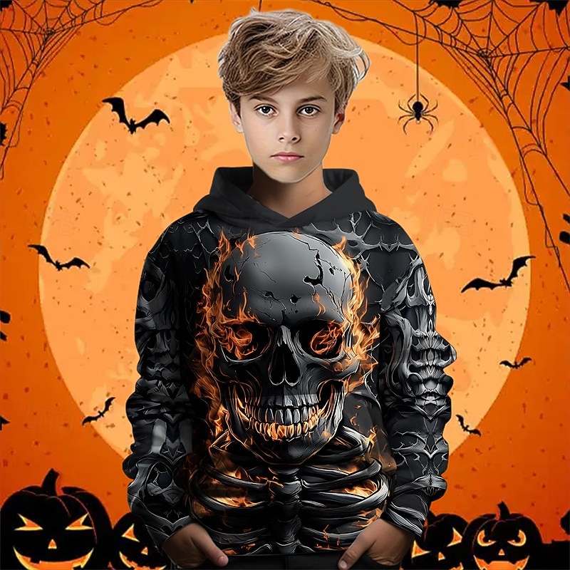 Halloween Boys' 3D Skull Hoodie Long Sleeve Spring Fall Fashion Streetwear Kids 4-12 Years Hooded Outdoor Casual Daily Regular Fit