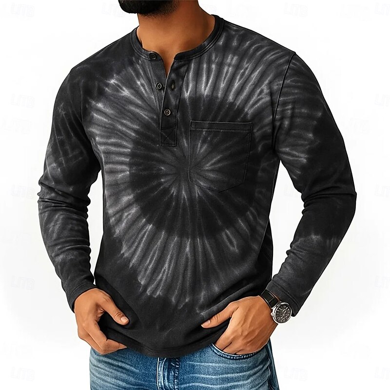 Men's Tie Dye Vintage Henley Shirt T shirt Tee Long Sleeve Retro Vintage Casual Casual Spring Fall All Seasons Black Red Blue Purple Henley Henley T-Shirt4