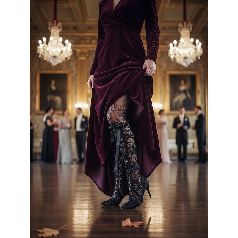 Women's Rococo Lace Over-the-Knee Boots – 1920s Elegant Vintage High Heel Long Boots with Ribbon Bow and Stiletto Style for Masquerade, Opera and Gatsby Party2