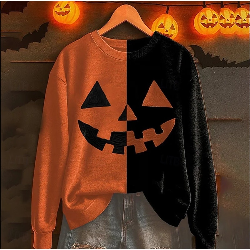 Women's Pullover Sweatshirt Graphic Skull Halloween Fashion Casual Long Sleeve Crew Neck Regular Tops Street Dailywear Casual Print Orange Fall Winter
