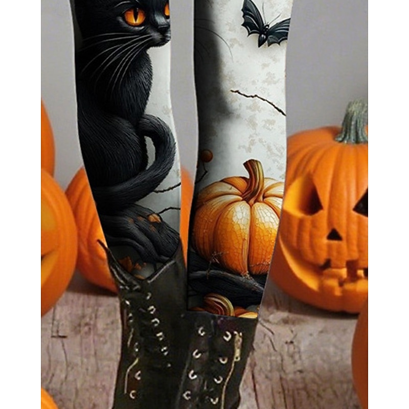 Women's Leggings Cozy Leggings Basic Casual Full Length High WaistPantsHalloween Cat Pumpkin Printing Thermal Warm Comfortable Stretchy Vacation Casual Daily White Fall Winter Slim Fit3
