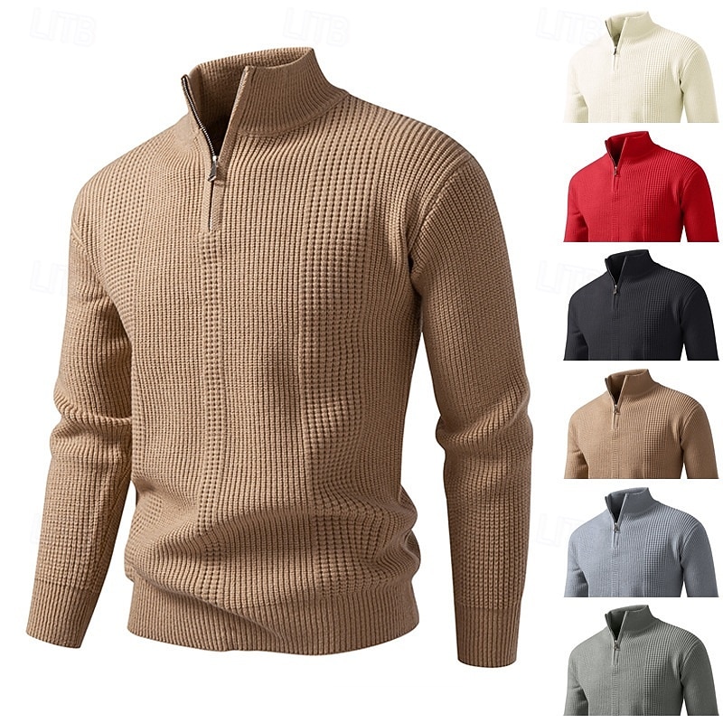 Men's Sweater Pullover Ribbed Knit Regular Tops Knitted Plain High Neck Vacation Fashion Business Casual Clothing Apparel Spring &  Fall Black Red M L XL