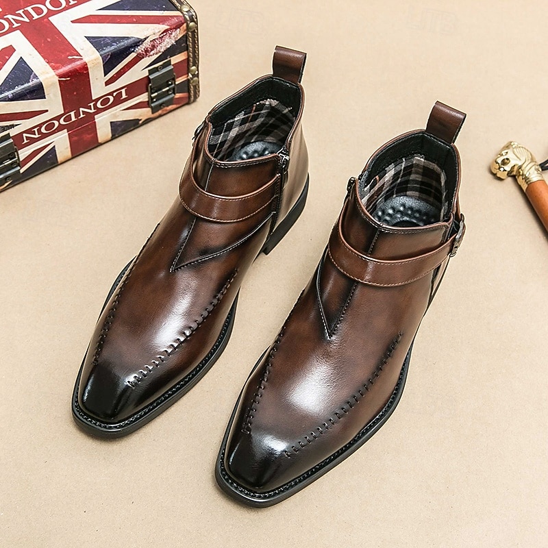 Men's Brown Faux Leather Buckle Ankle Boots – Stylish Stitched Dress Shoes for Weddings, Parties and Evening Wear2