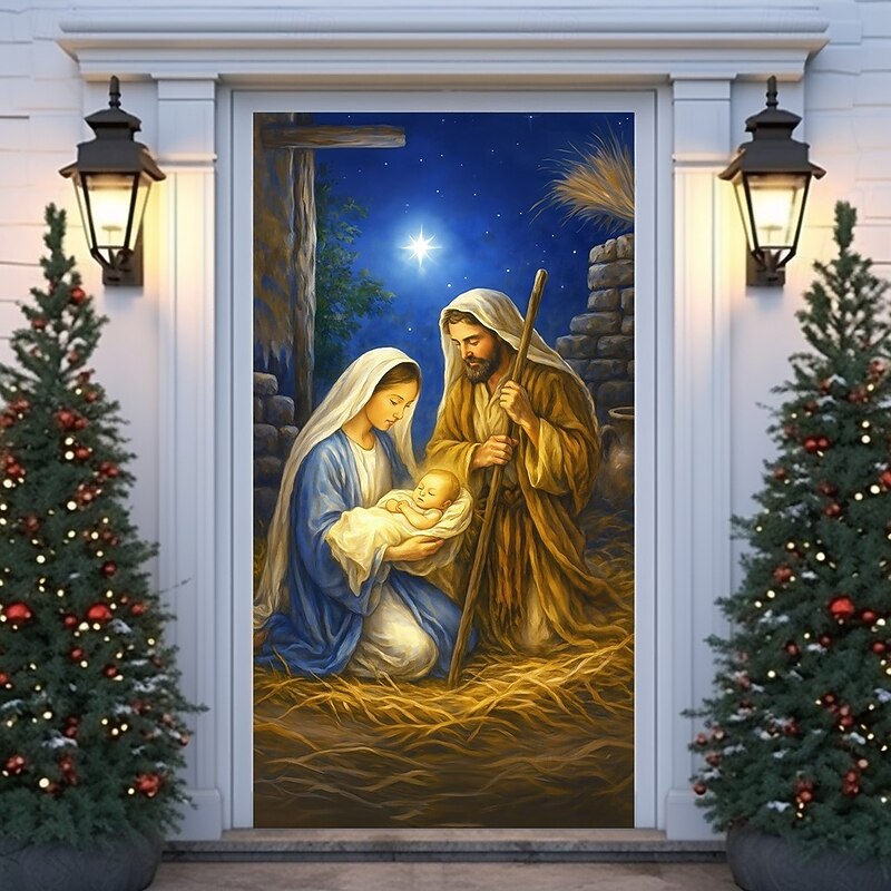 Christmas Door Cover, Nativity Scene Holy Family Religious Door Curtain Backdrop for 2025 Xmas Church, Party, Porch and Home Holiday Decorations