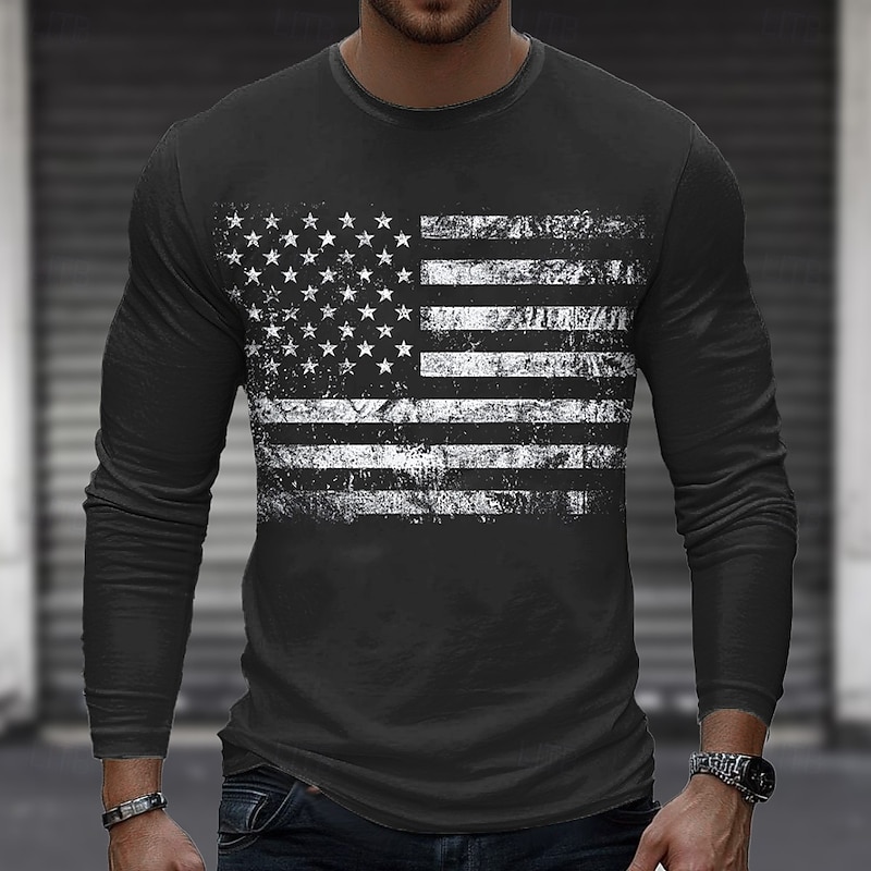 Men's American US Flag T Shirt Long Sleeve T shirt 3D Print Crew Neck Shirt Fashion Outdoor Street Sports Outdoor Black White Blue Summer Spring Clothing Apparel S M L XL XXL XXXL