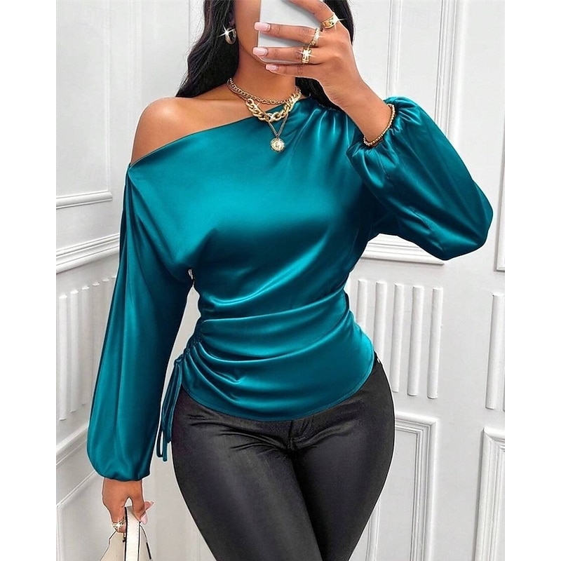 Women's Shirt Elegant Dressy Satin Plain Elegant Stylish Basic Long Sleeve Cold Shoulder Regular Tops Daily Going out Asymmetric Black Blue Brown Green Summer Spring Fall2