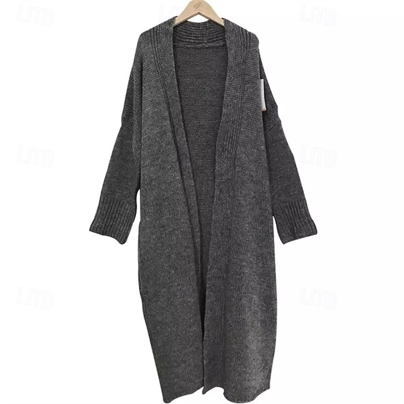 Women's Sweater Cardigan Fashion Streetwear Daily Solid Color Ribbed Open Front Knitted Long Sleeve Long Tops Knit Holiday Going out Weekend Gray Fall Winter2