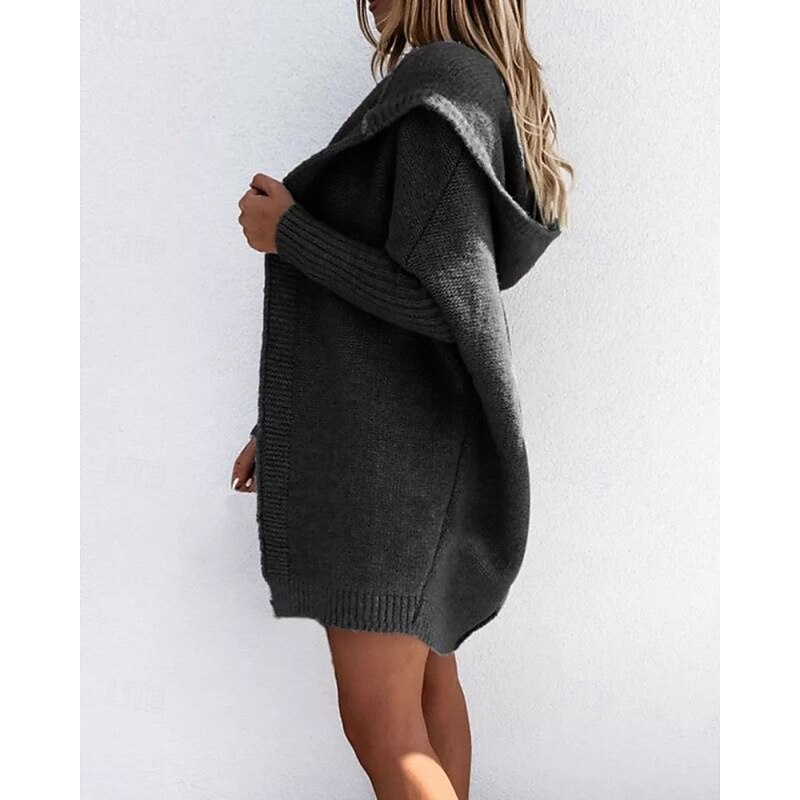 Women's Sweater Cardigan Streetwear Casual Solid Color Hooded Knitted Long Sleeve Long Tops Knit Daily Holiday Weekend Black Khaki Fall Winter3