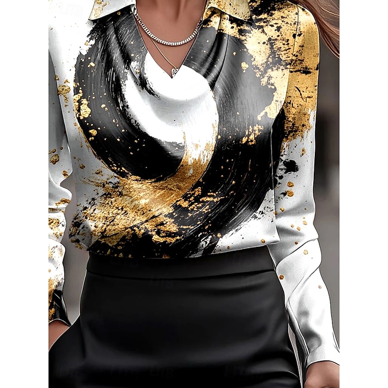 Women's Shirt Ombre Graphic Geometric Elegant Stylish Casual Long Sleeve Cowl Neck Regular Tops Work Party Evening Wear Daily Ruched Draped Black White Fall Winter3