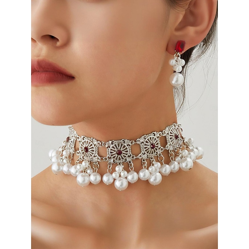 Women's Vintage Pearl Choker Necklace with Red Gem Accents - Elegant Party Jewelry for Evening and Cocktail Occasions3