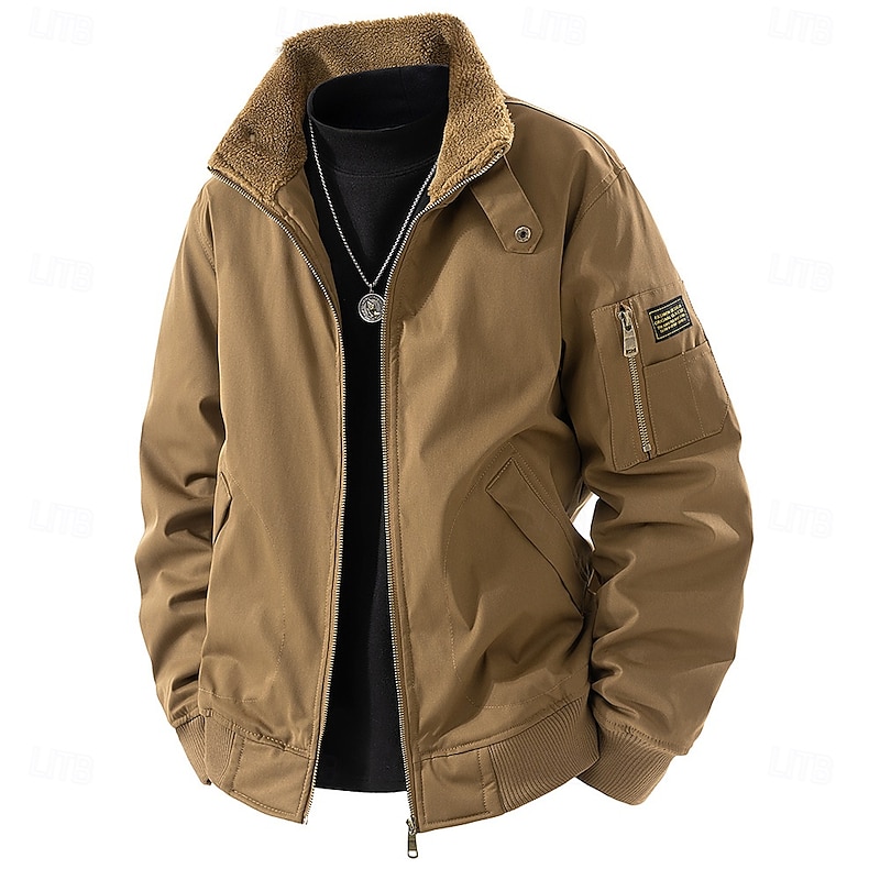 Men's Outdoor Jacket Bomber Jacket Cargo Jacket Formal Home Pocket Fleece Collar Spring Fall Winter Solid Color Active Neutral Regular Black Green Khaki Jacket
