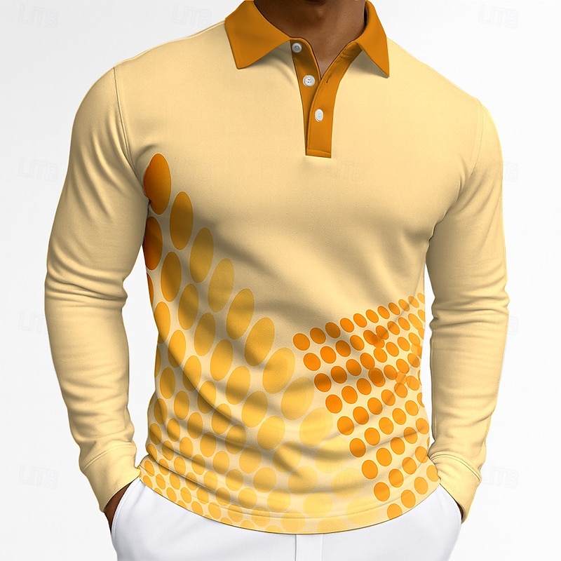 Men's Geometric Polo Long Sleeve Polo Shirts Lapel Casual Athleisure Daily Wear 3D Print Buttons Spring Fall Winter Yellow Blue2