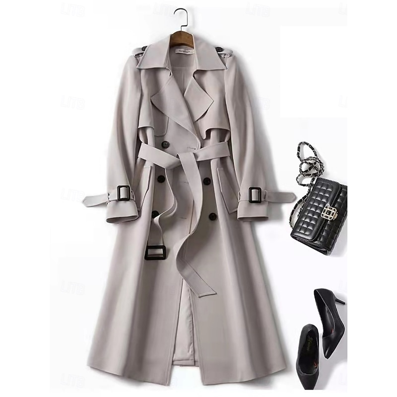 Women's Trench Coat Comfortable Breathable Buttons With Belt Casual Plain Vacation Street Casual Daily Wear Single Breasted Long Turndown Regular Fit Long Sleeve Outerwear Navy Black Red Spring Fall4
