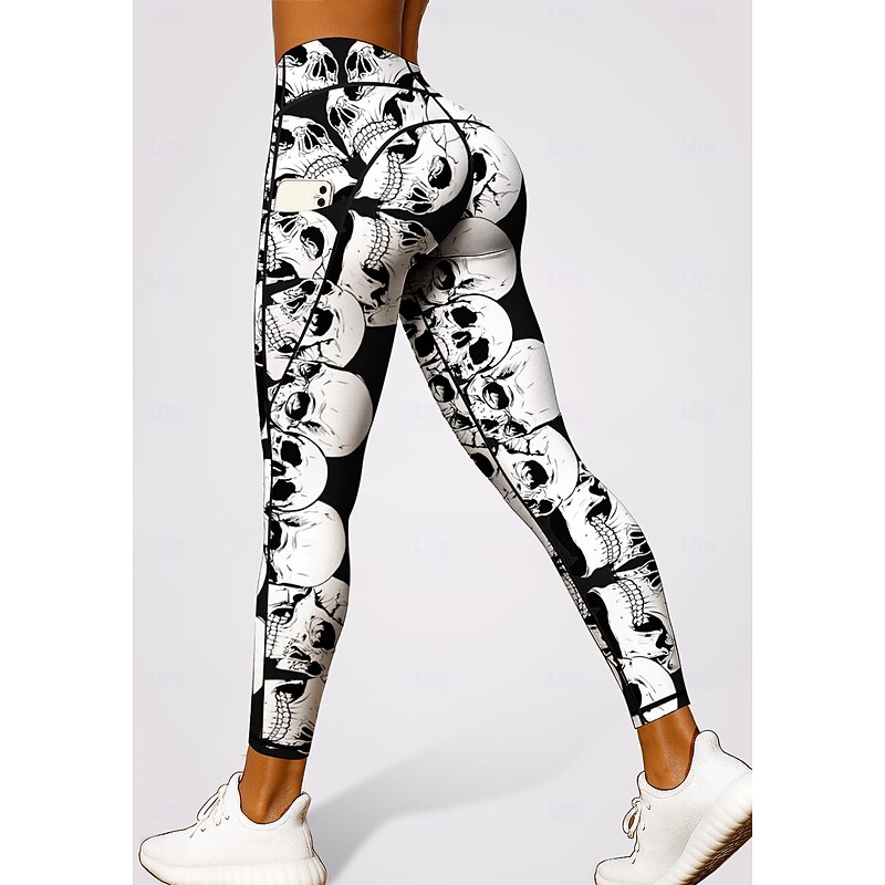 Women's Unisex pilates leggings fitness pants Gym Leggings Pockets Stamp Duty Side Pockets Pilates Gym Gym Workout Pants Tights Leggings Skull Halloween Black-White Sports Activewear Stretchy Tight3