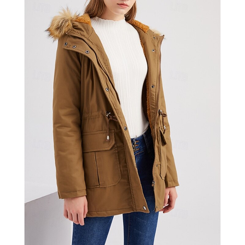 Women's Winter Coat Hoodie Jacket Warm Comfortable Zipper Pocket Casual Plain Vacation Daily Wear Going out Weekend Long Hooded Regular Fit Long Sleeve Outerwear Black Wine Khaki Fall Winter3