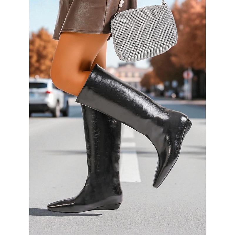 Women's Brown Faux Leather Knee High Boots - Glossy Mod Style Flat Fashion Boots for Autumn Streetwear and Daily Wear