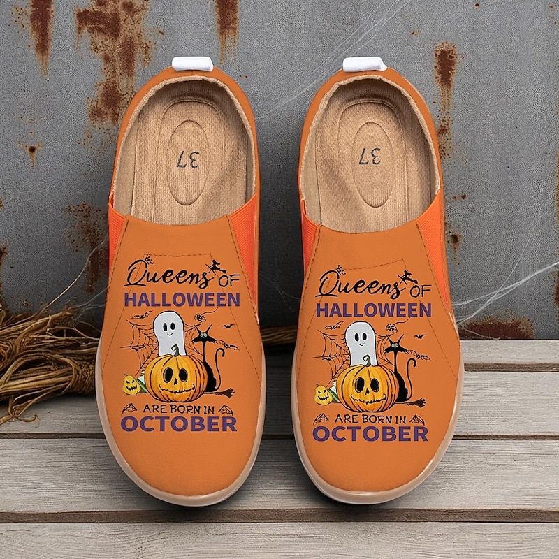 Women's Orange Wide Width Slip-On Shoes with Ghost and Pumpkin Print – Casual Shoes for Queens of Halloween October Birthday, Walking and Travel3