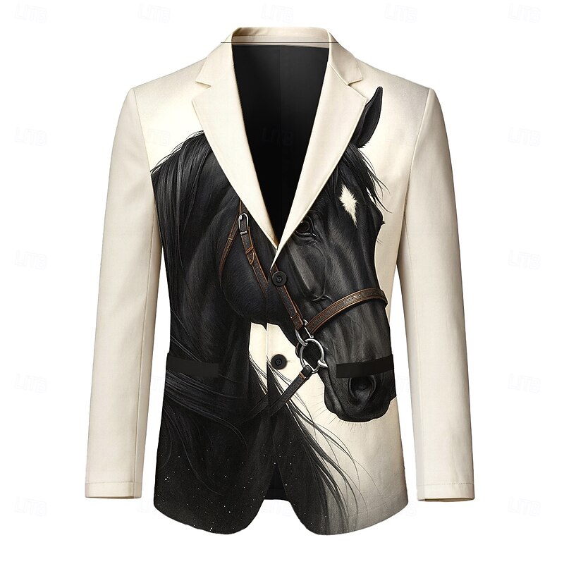 Men's Blazer Jacket Casual Daily Stylish Casual Daily All Seasons 100% Polyester Weaving Animal Horse 3D Print Buttons Comfortable Single Breasted Blazer WhiteA WhiteB White3