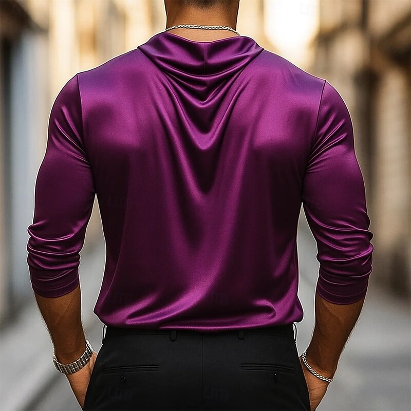 Men's Shirt Silk Like Satin Shirt Casual Shirt Plain Formal Wedding Black White Navy Blue Gold Long Sleeve Cowl Neck Spring &  Fall All Seasons Clothing Apparel Ruched3