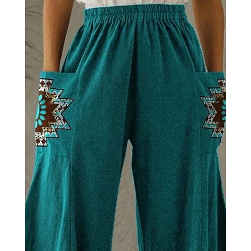 Women's Wide Leg Pants Trousers Vacation Vintage Ethnic Style Full Length High Waist Graphic Pocket Elastic Waistband Print Comfy Breathability Inelastic Vacation Casual Daily Peacock Blue Summer2
