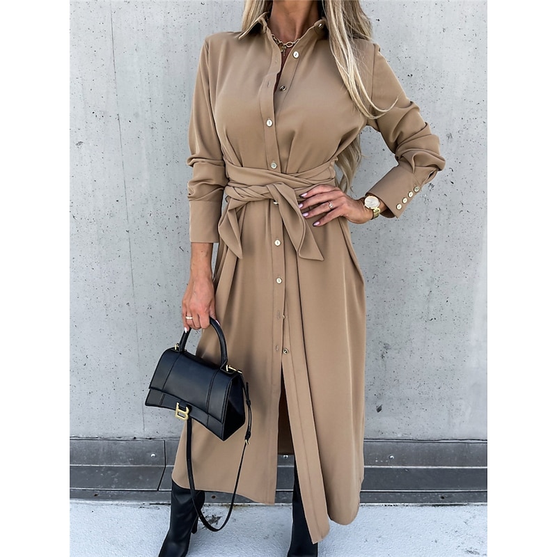 Women's Midi Dress A Line Dress Casual Daily Regular Fit Plain Long Sleeve Lapel Black Red Green Apricot Spring Fall Winter