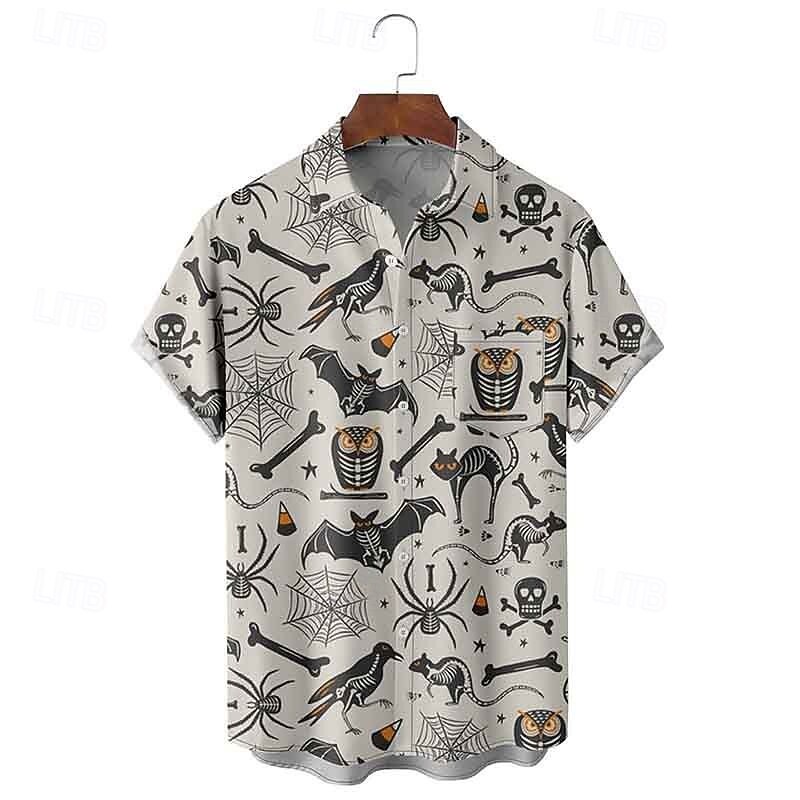 Halloween Men's Grimace Skulls Shirt Summer Shirt Casual Shirt Short Sleeves Horror Vacation Daily Wear Theme Party Spring & Summer Lapel Print White+Black Black 1 Black 3 Black Beige4